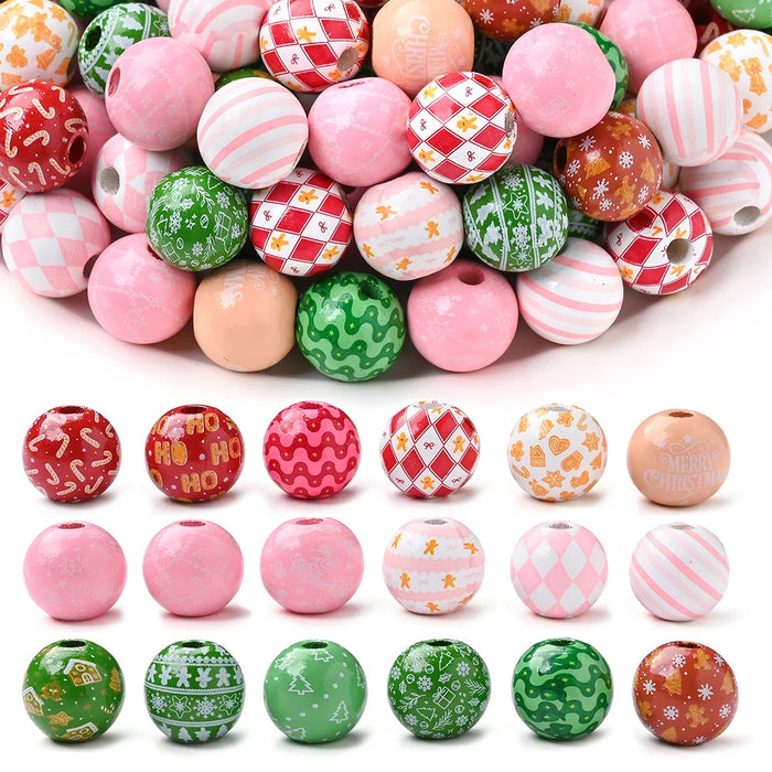 Printed Christmas Wooden Beads — 16 mm