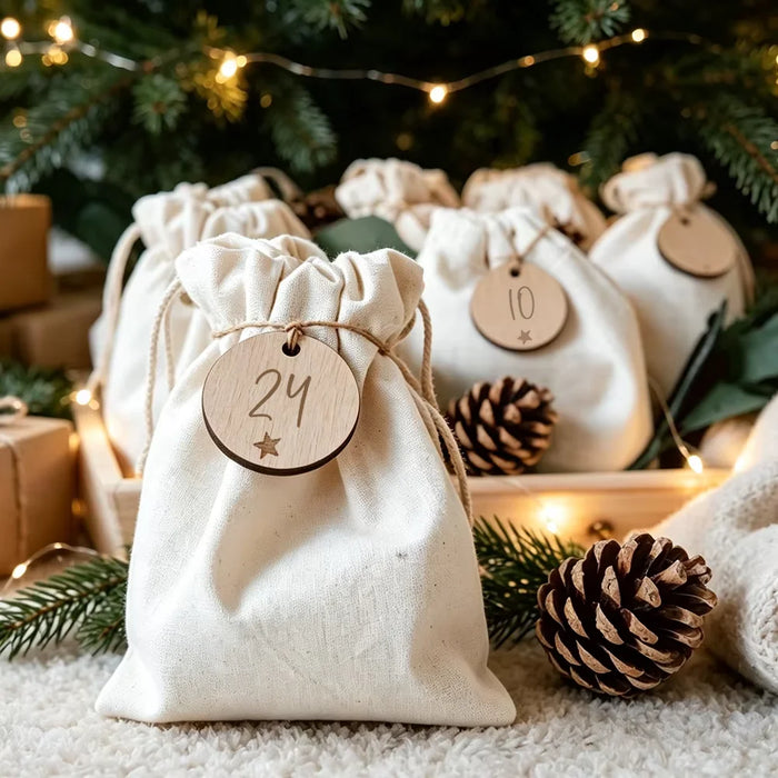 Advent Drawstring Gift Bags with Number Tags — Set of 24