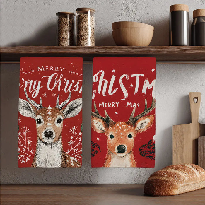 Red Reindeer Christmas Kitchen Towels — Set of 2