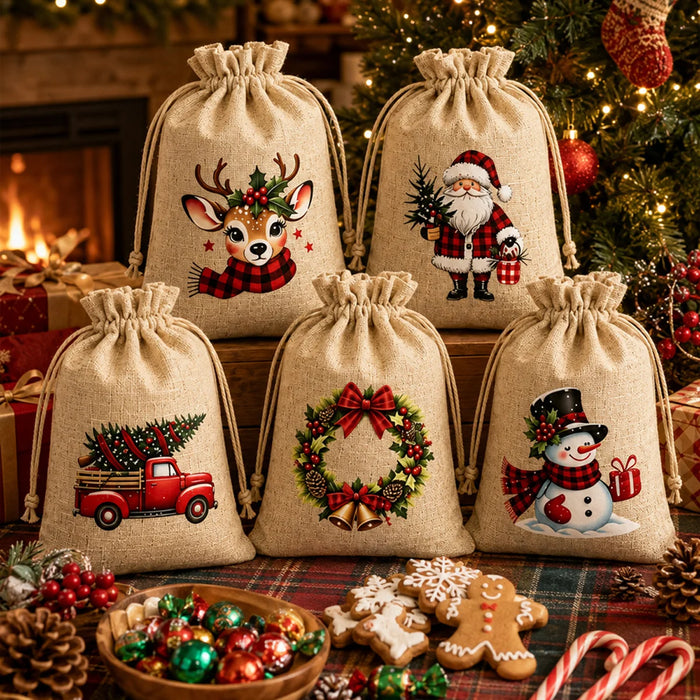 Linen-Look Christmas Drawstring Gift Pouches