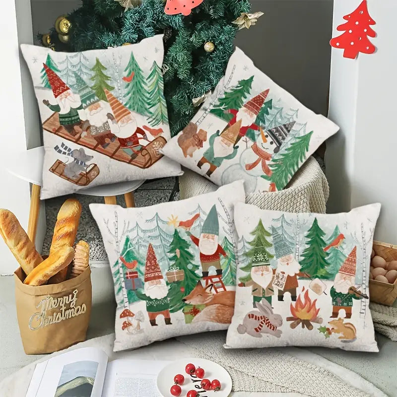 4pcs Reindeer Pattern Linen Pillowcases for Christmas Decor