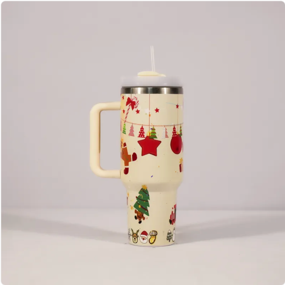 Christmas Stainless Steel Travel Mug with Handle, Lid, and Straw