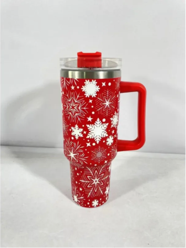 Christmas Stainless Steel Travel Mug with Handle, Lid, and Straw