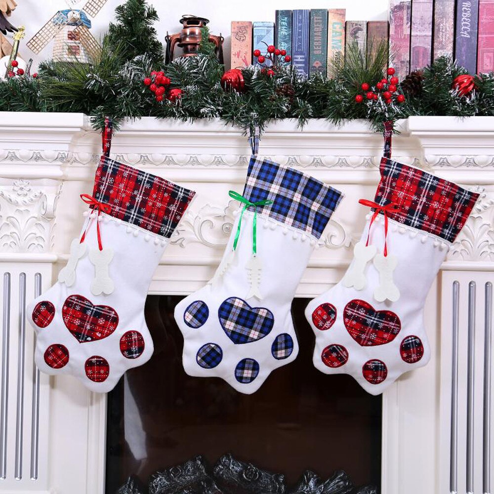 Christmas Stocking Gift Bags with Dog Paw and Bone Design
