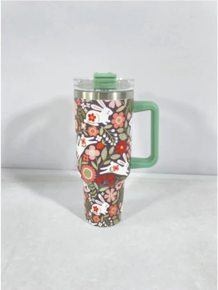 Christmas Stainless Steel Travel Mug with Handle, Lid, and Straw