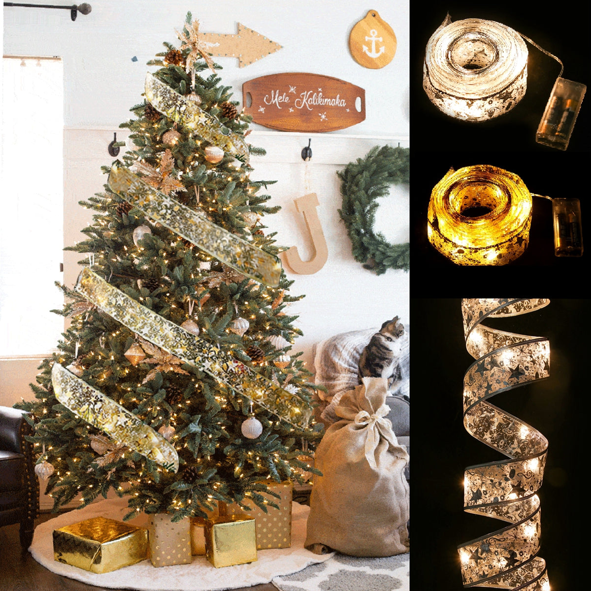Christmas Ribbon Fairy Light String Garland for Decor