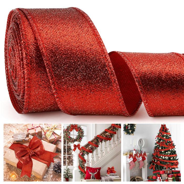 Wine Red Glitter Wired Christmas Ribbon