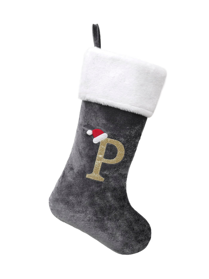 20-inch Plush-Cuff Christmas Stocking — Grey, Letter P