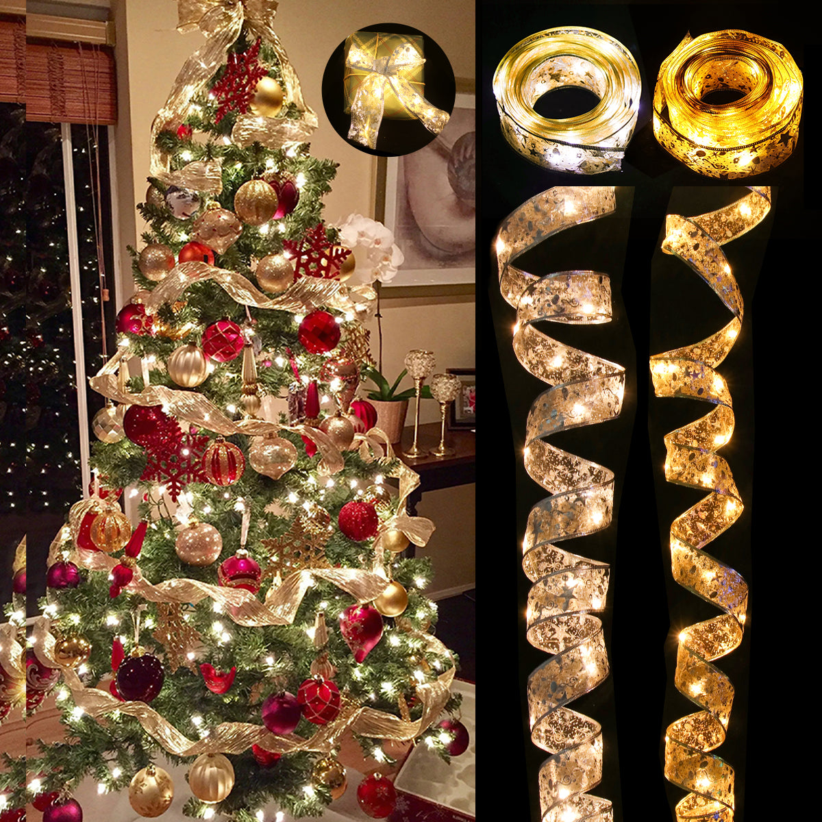 Christmas Ribbon Fairy Light String Garland for Decor