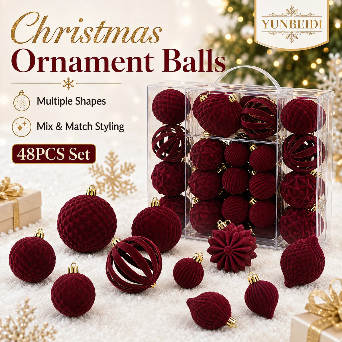 Velvet-Look Christmas Baubles — Set of 48
