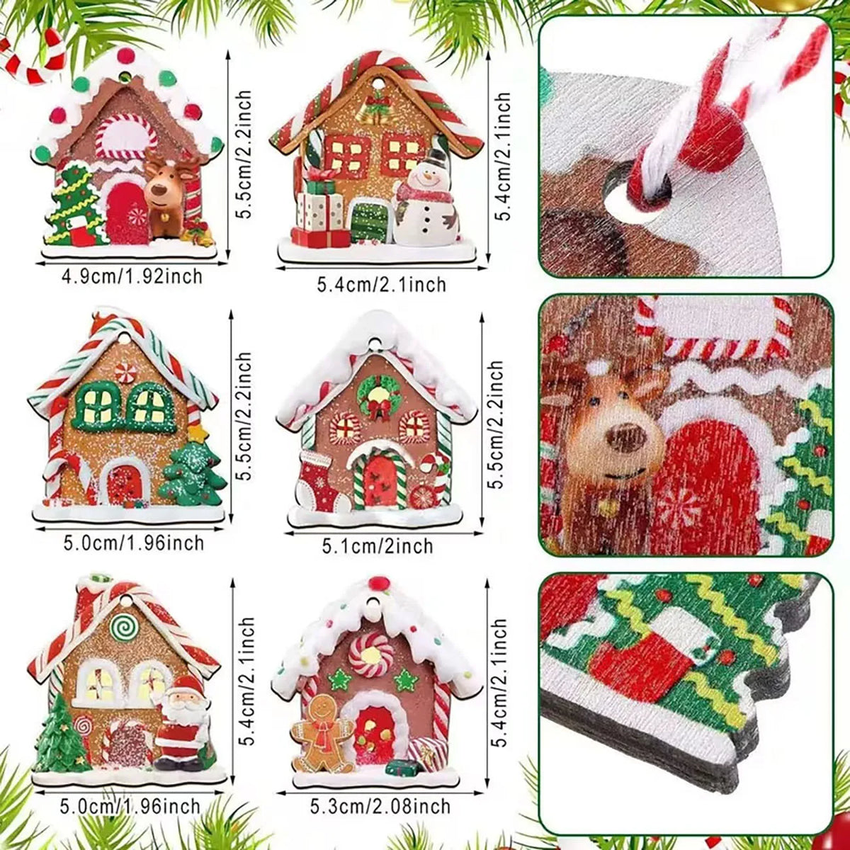 Wooden Gingerbread House Ornaments — Set of 12