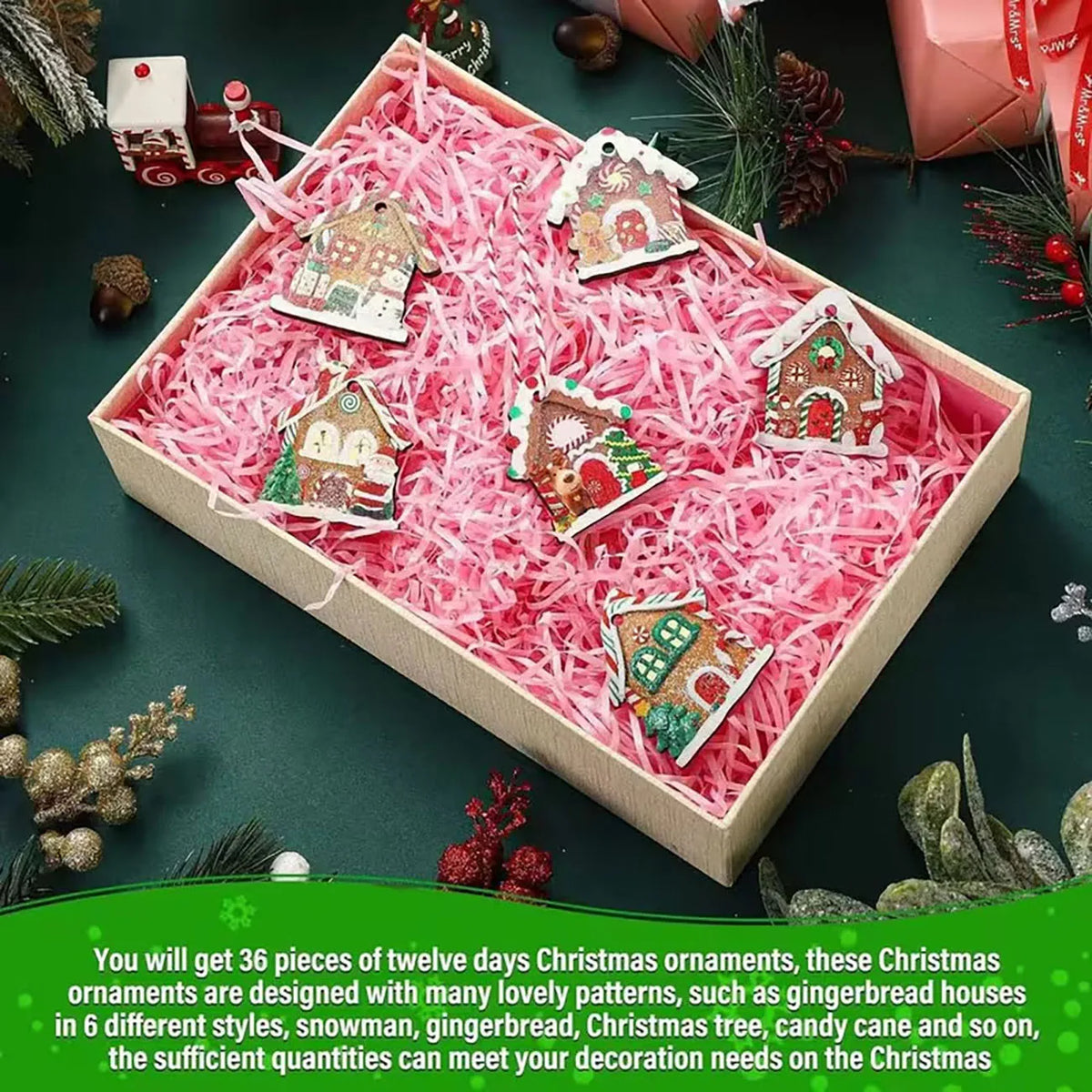 Wooden Gingerbread House Ornaments — Set of 12