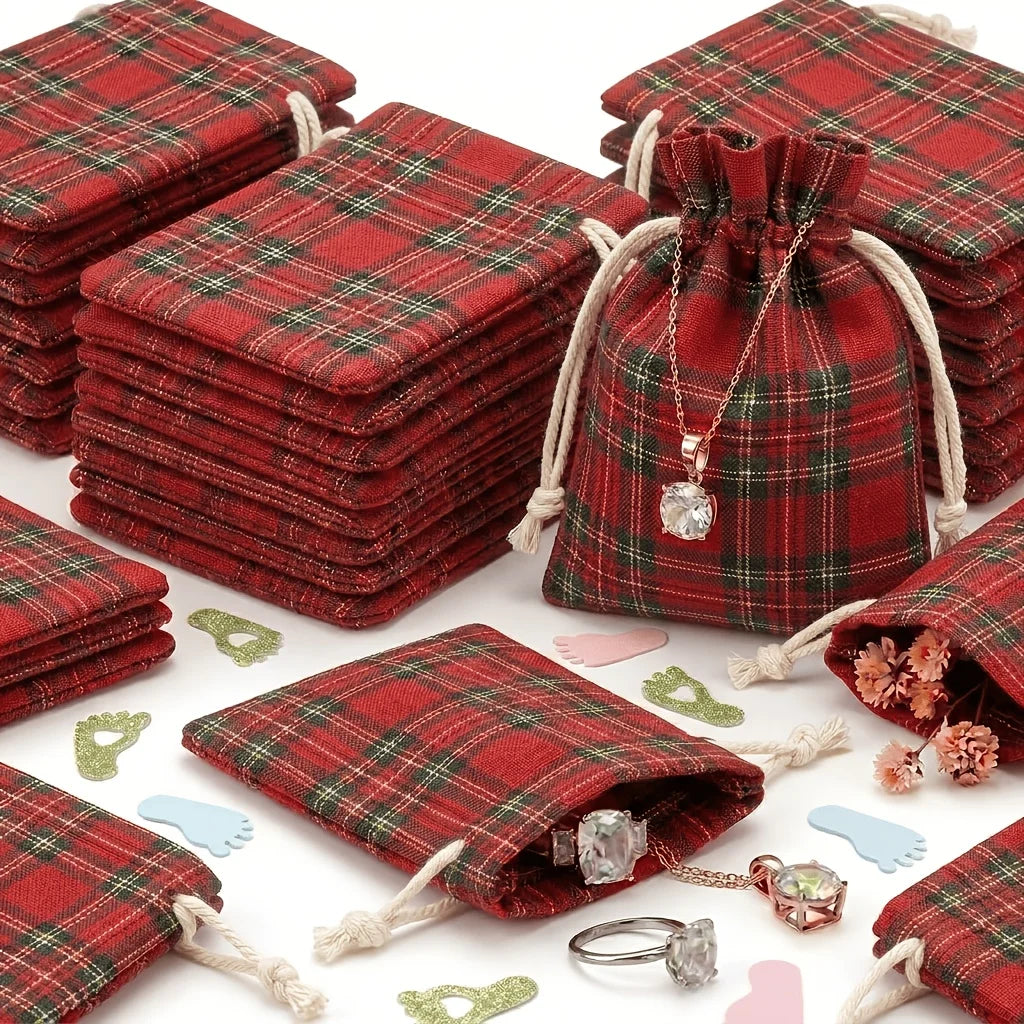 Red Tartan Drawstring Gift Bags — Pack of 10