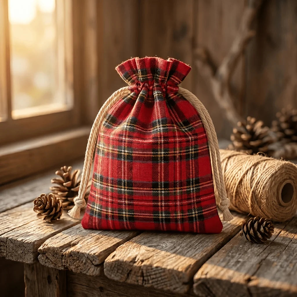 Red Tartan Drawstring Gift Bags — Pack of 10