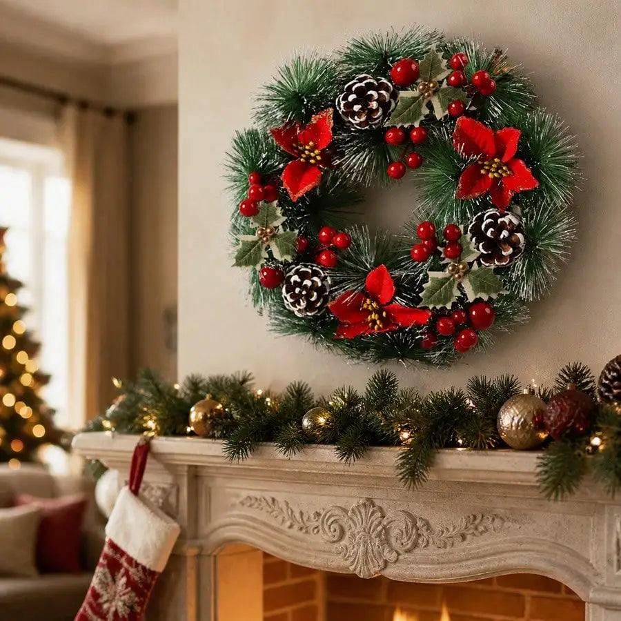 Red Flower & Pinecone Christmas Wreath
