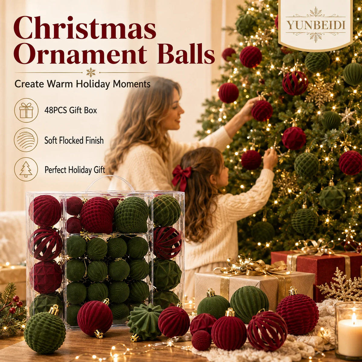 Velvet-Look Christmas Baubles — Set of 48