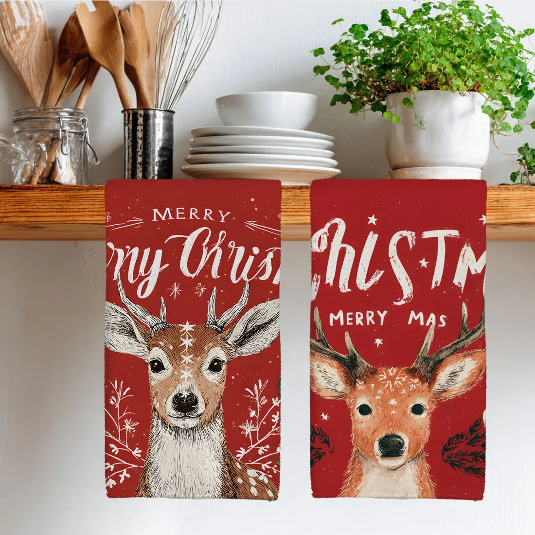 Red Reindeer Christmas Kitchen Towels — Set of 2
