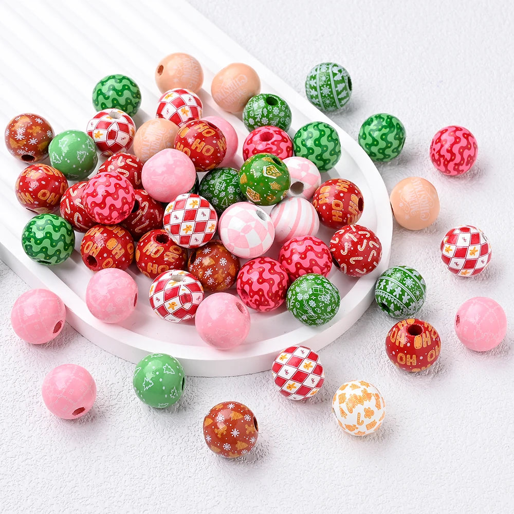 Printed Christmas Wooden Beads — 16 mm