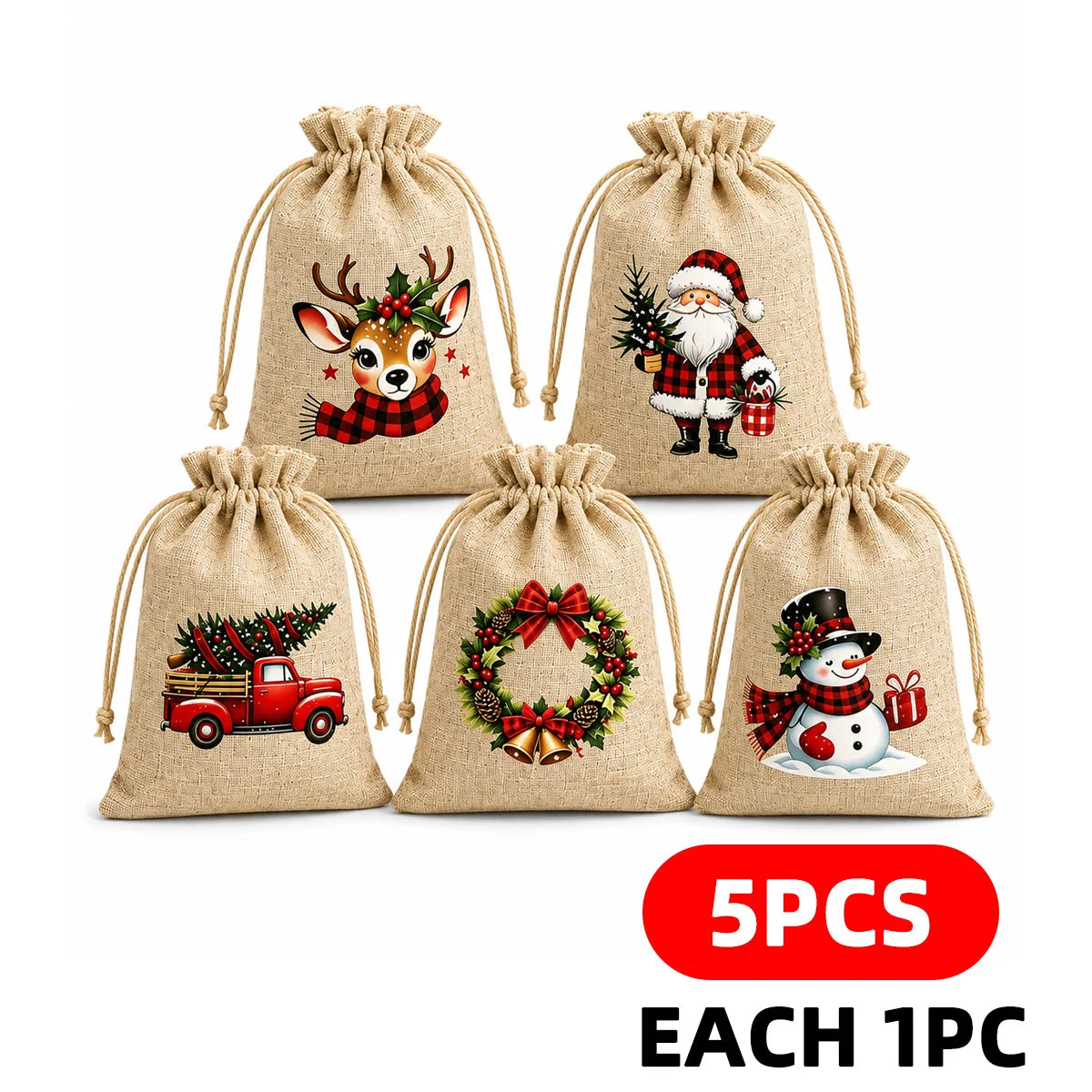 Linen-Look Christmas Drawstring Gift Pouches