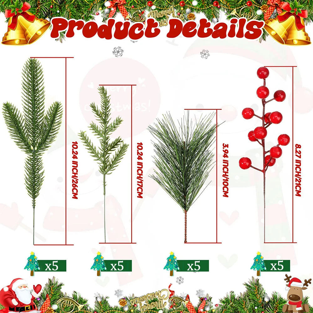 Pine and Red Berry Stems — Set of 20