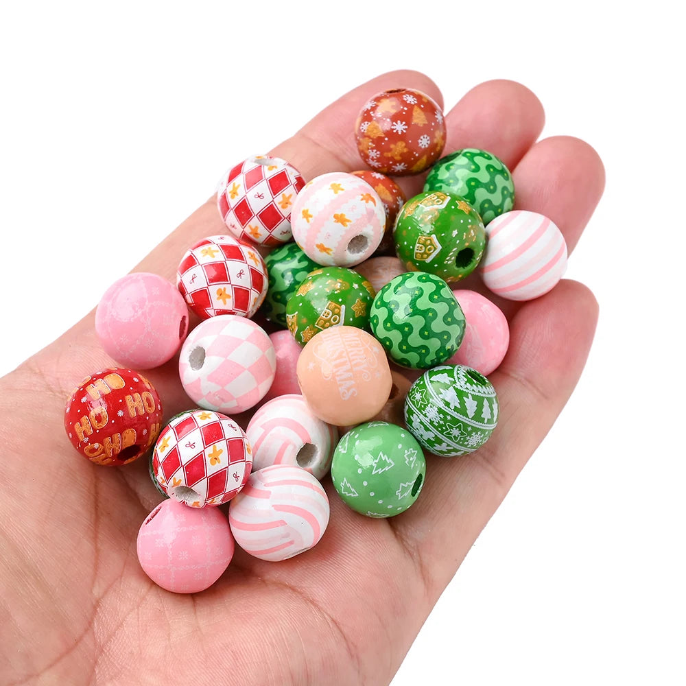 Printed Christmas Wooden Beads — 16 mm