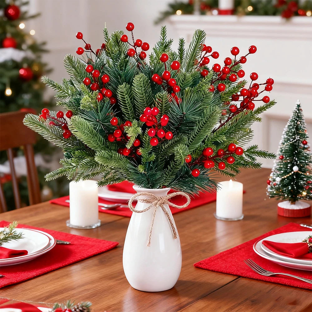 Pine and Red Berry Stems — Set of 20