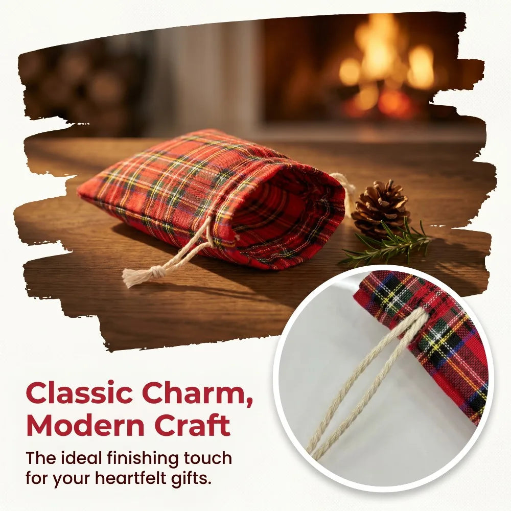 Red Tartan Drawstring Gift Bags — Pack of 10