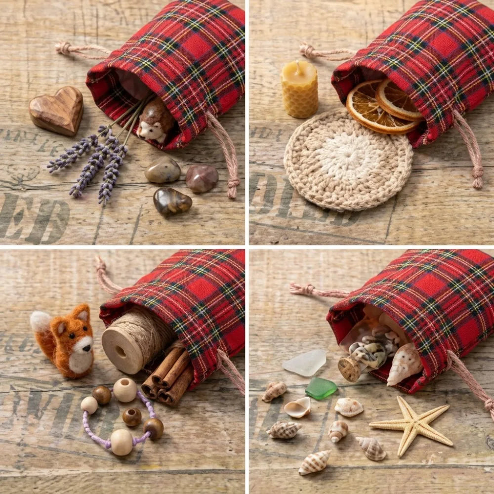 Red Tartan Drawstring Gift Bags — Pack of 10