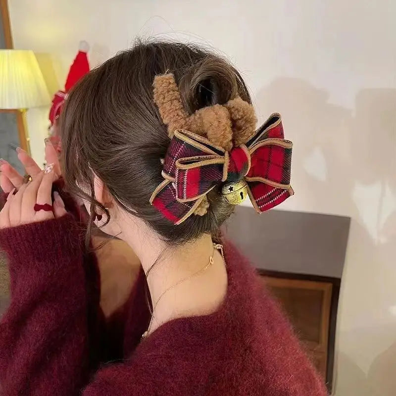 Christmas Bow and Bell Claw Clip
