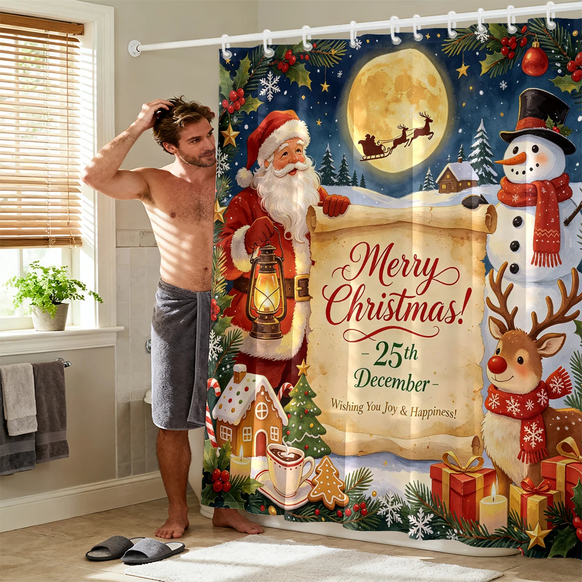 Santa and Snowman Moonlight Shower Curtain
