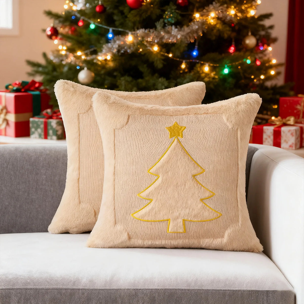 Embroidered Star & Christmas Tree Pillow Cover