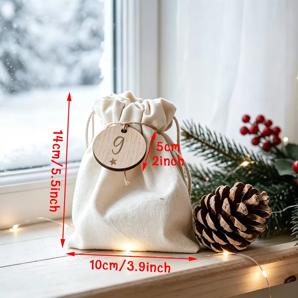 Advent Drawstring Gift Bags with Number Tags — Set of 24