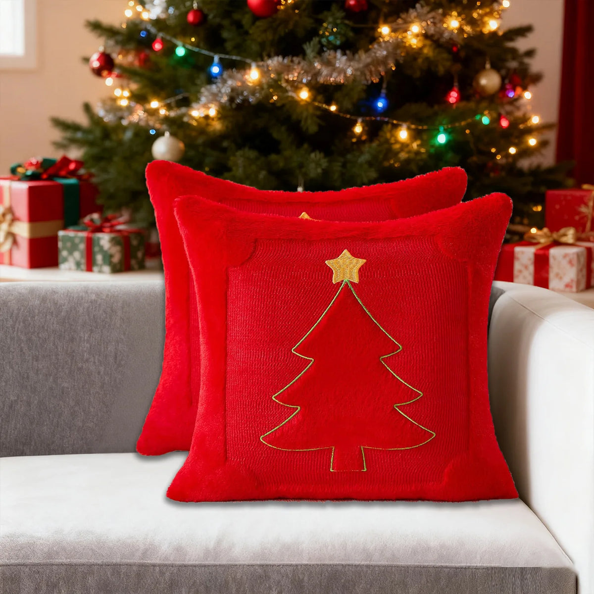 Embroidered Star & Christmas Tree Pillow Cover