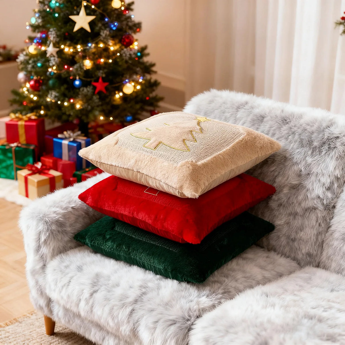 Embroidered Star & Christmas Tree Pillow Cover