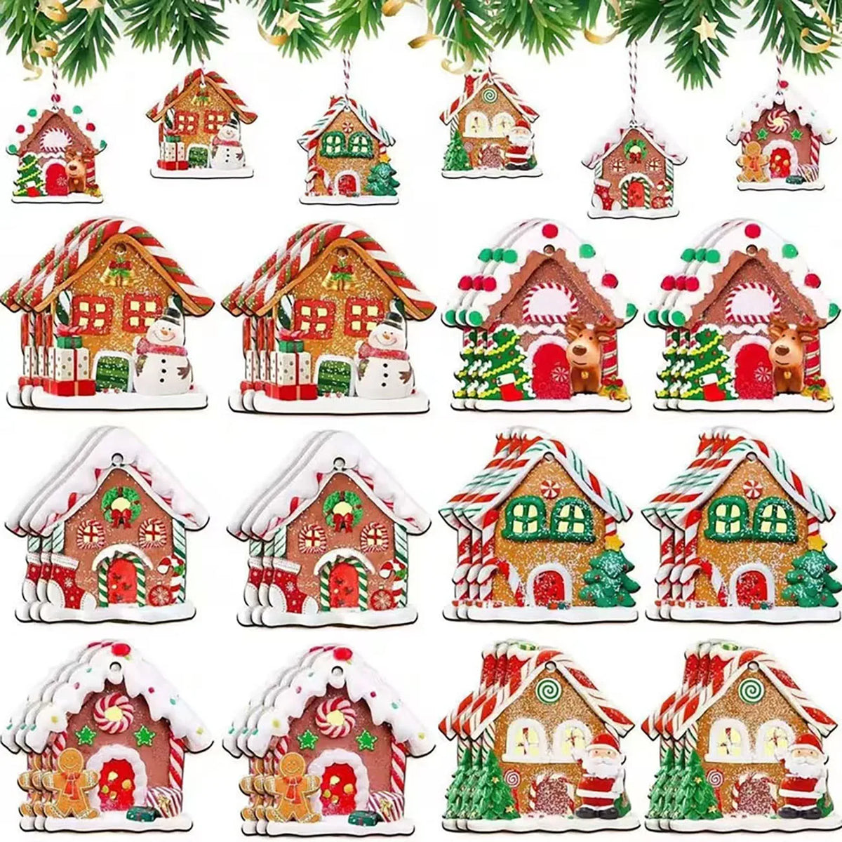 Wooden Gingerbread House Ornaments — Set of 12