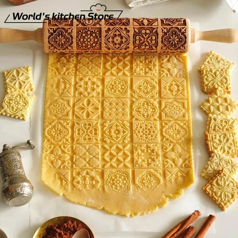 Christmas Patterned Wooden Rolling Pin