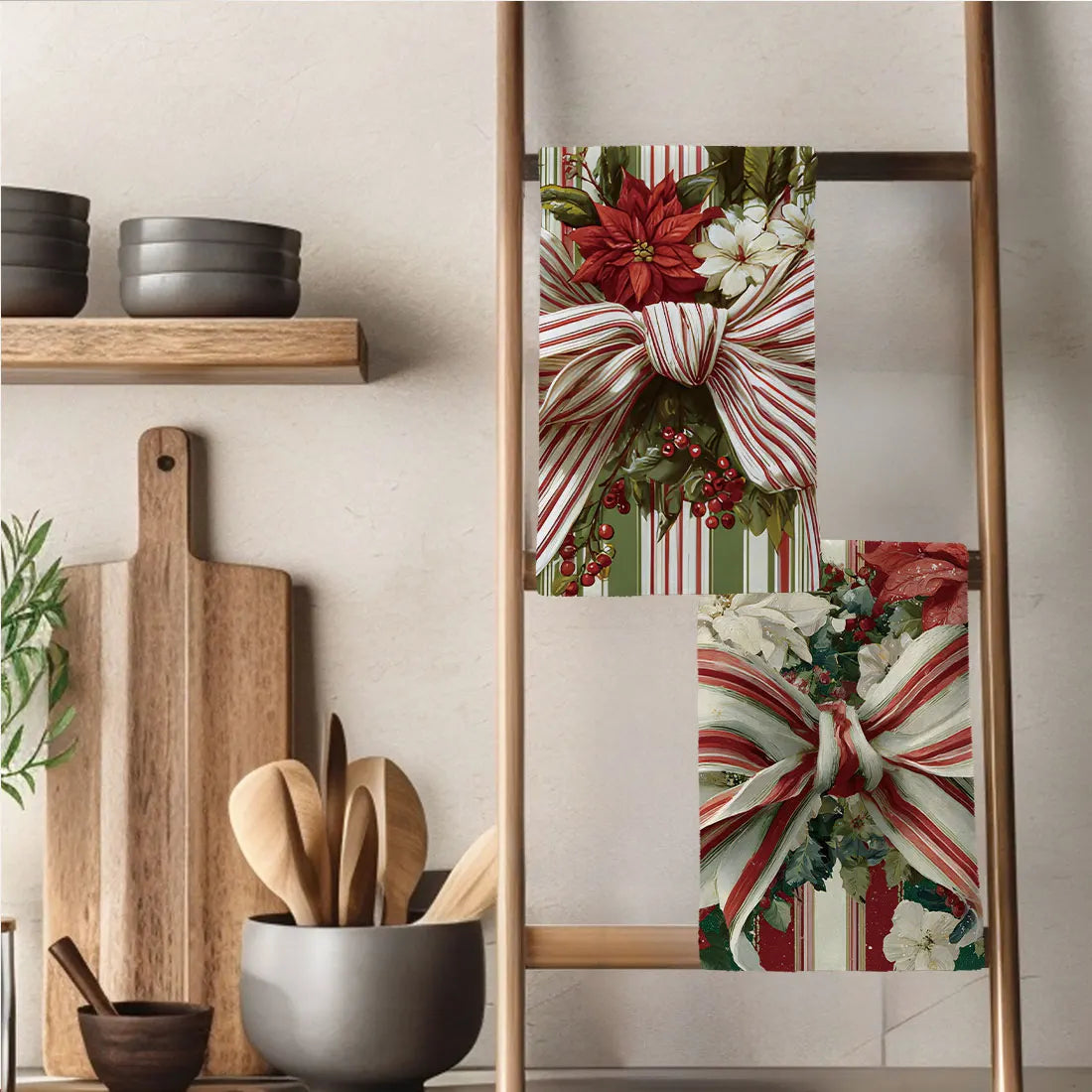 Vintage Christmas Floral Kitchen Towels — Set of 2