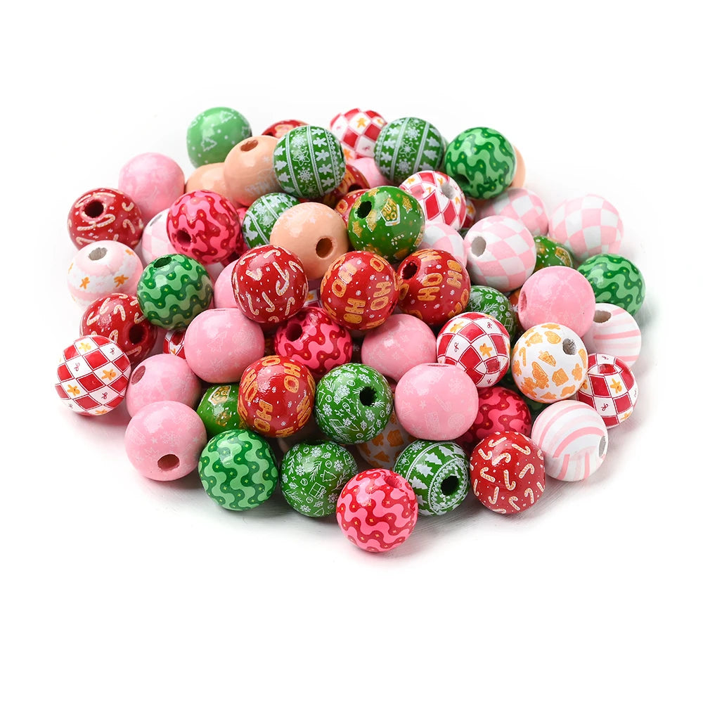 Printed Christmas Wooden Beads — 16 mm