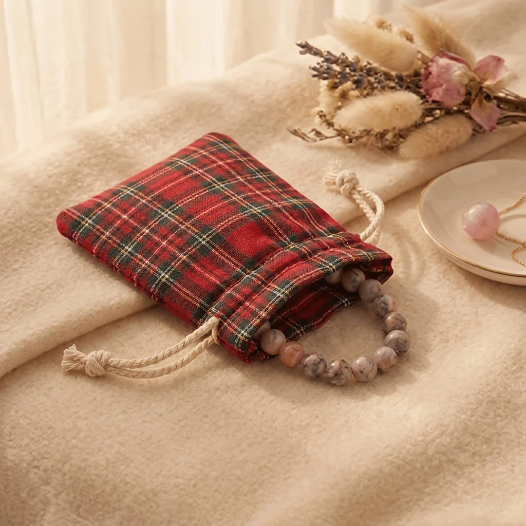 Red Tartan Drawstring Gift Bags — Pack of 10