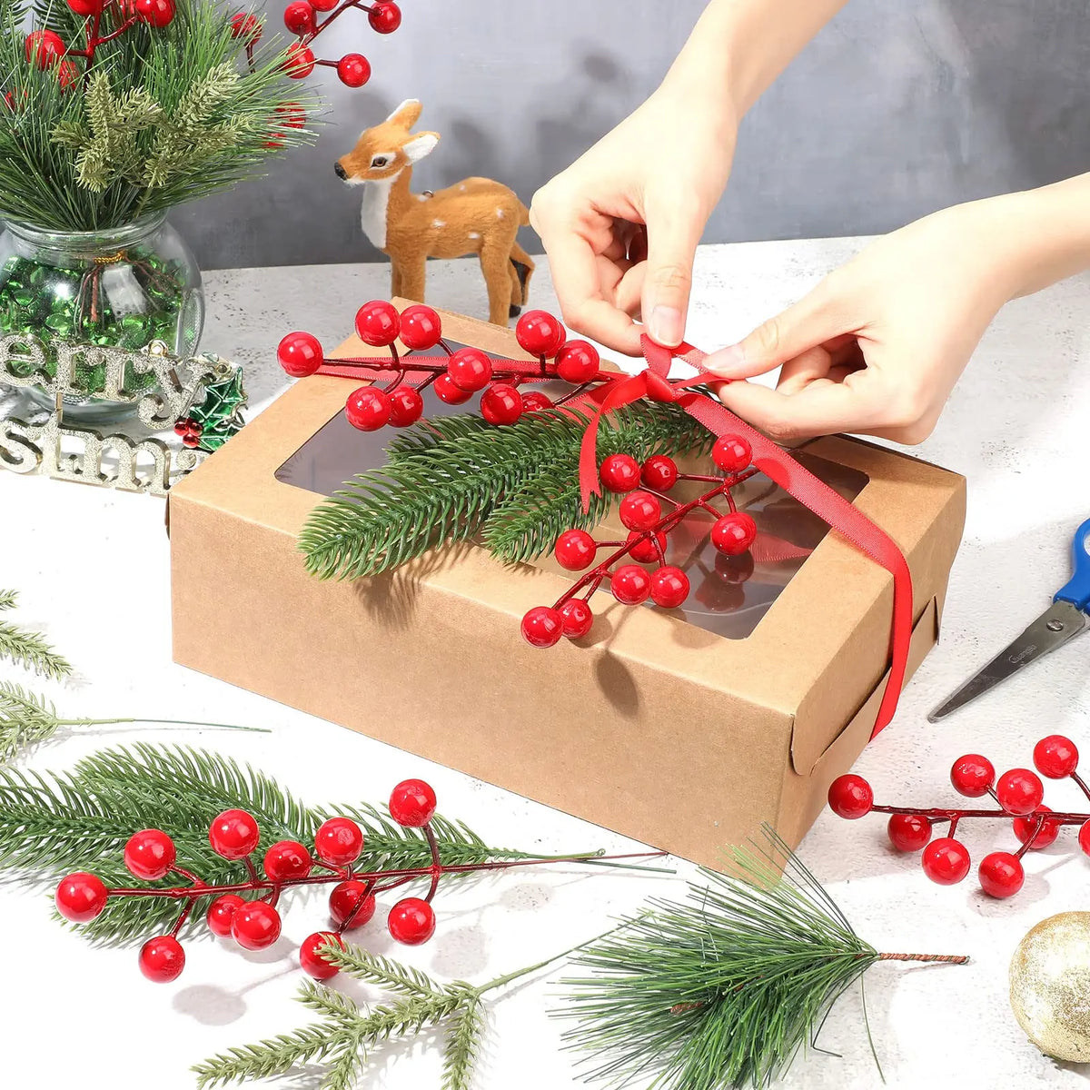 Pine and Red Berry Stems — Set of 20