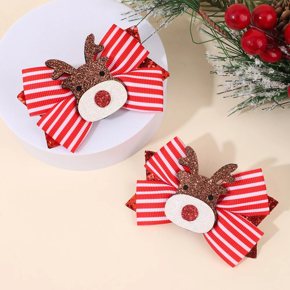 Reindeer Bow Hair Clips — Pair
