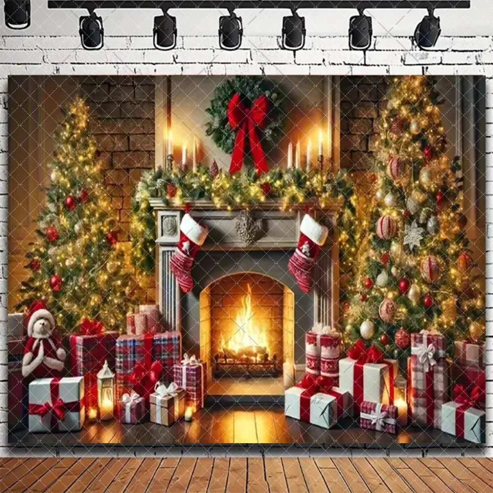 Santa & Fireplace Christmas Photo Backdrop