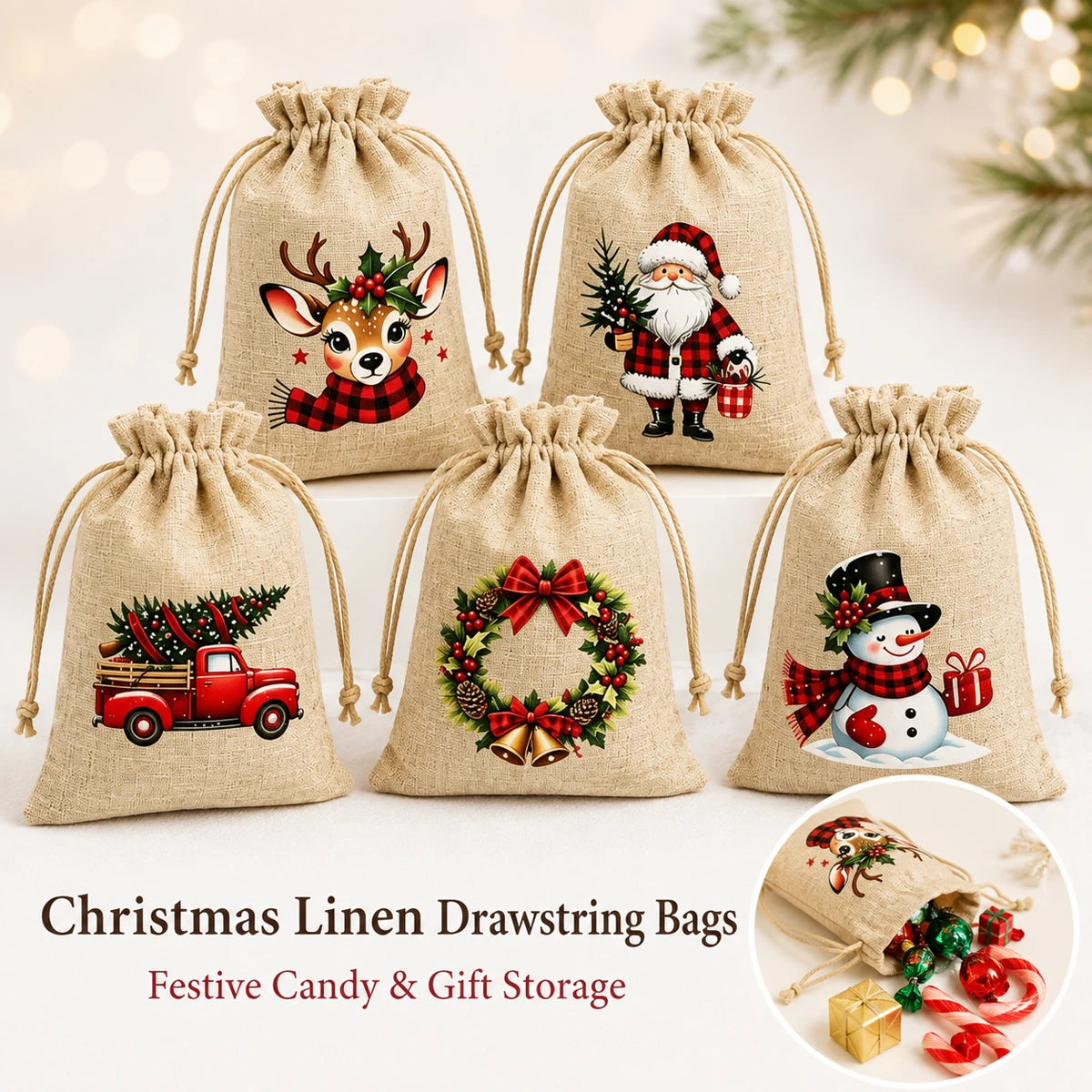 Linen-Look Christmas Drawstring Gift Pouches