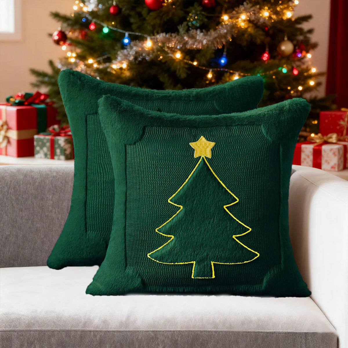 Embroidered Star & Christmas Tree Pillow Cover