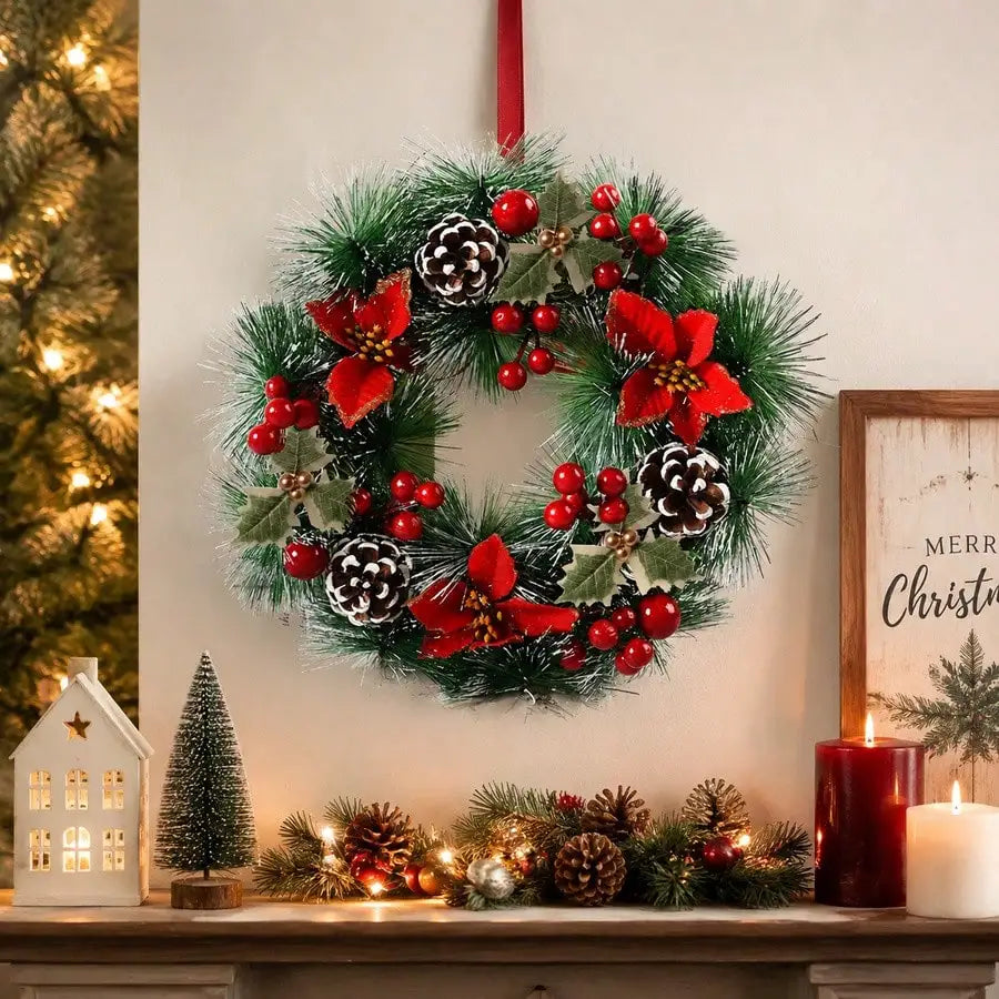 Red Flower & Pinecone Christmas Wreath