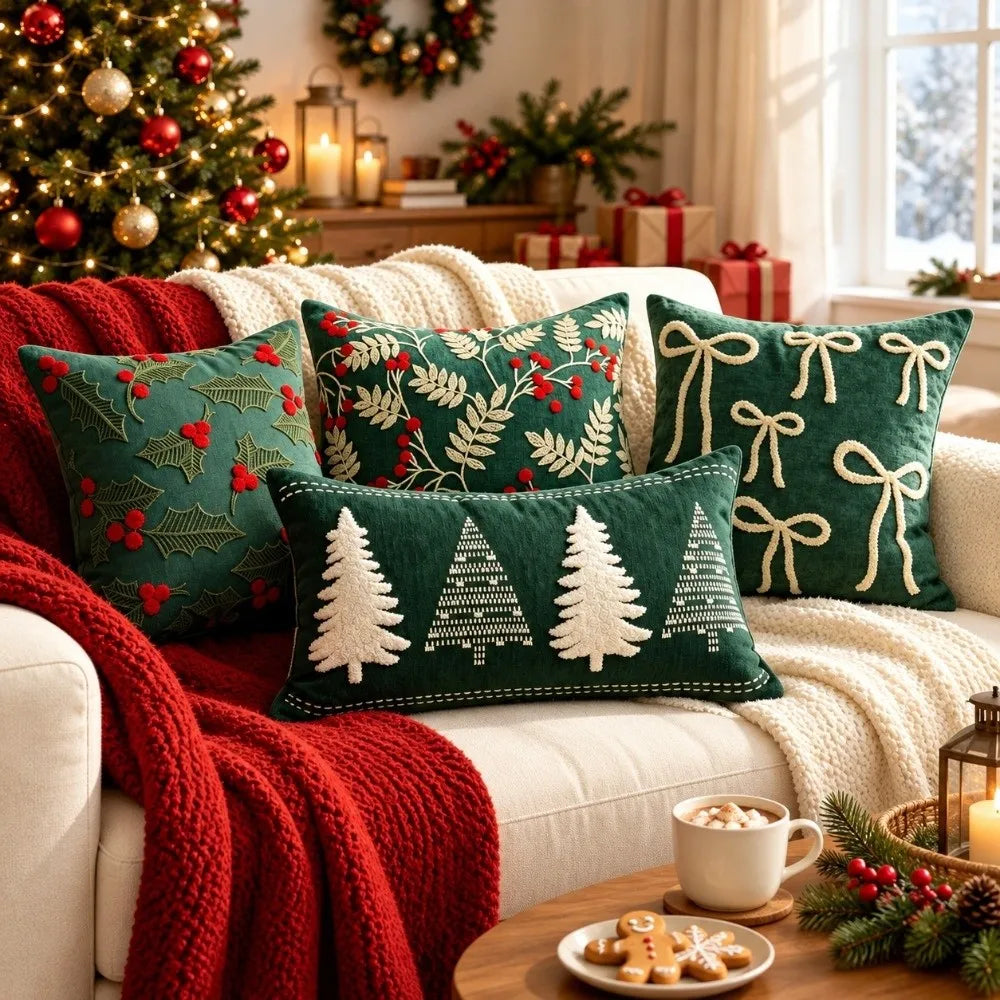 Green Christmas Motif Pillow Cover