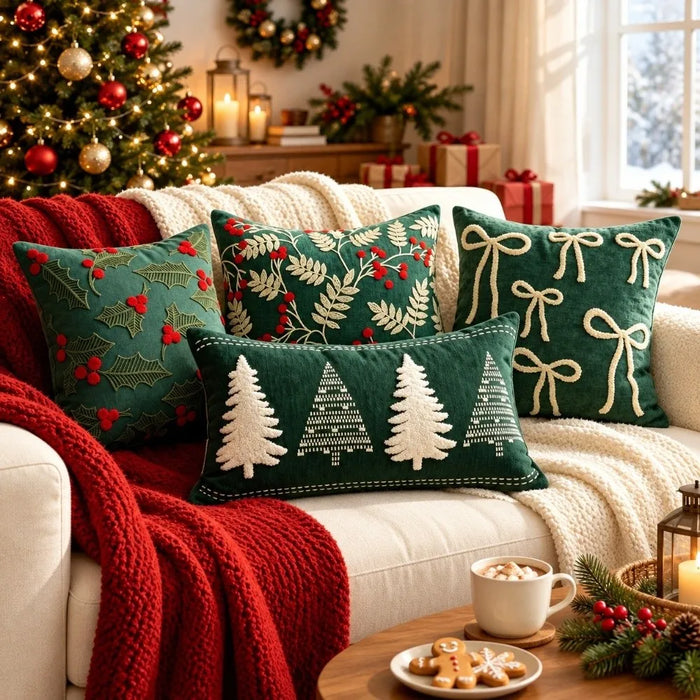 Green Christmas Motif Pillow Cover