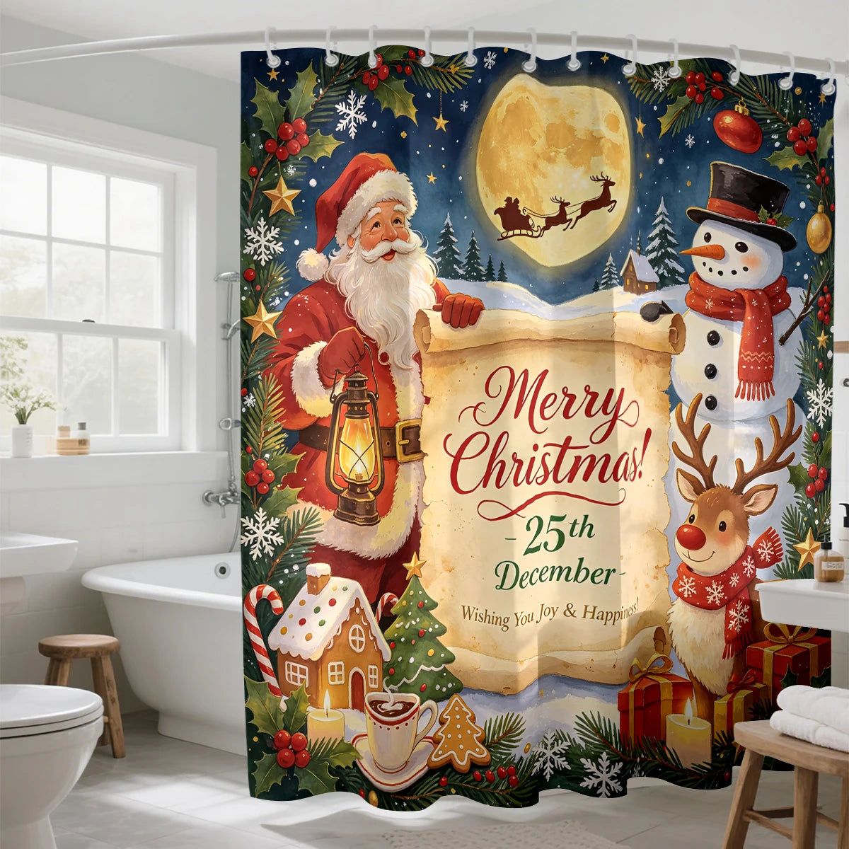 Santa and Snowman Moonlight Shower Curtain