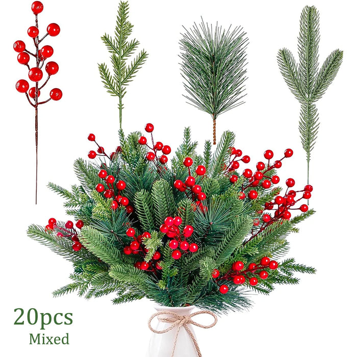 Pine and Red Berry Stems — Set of 20