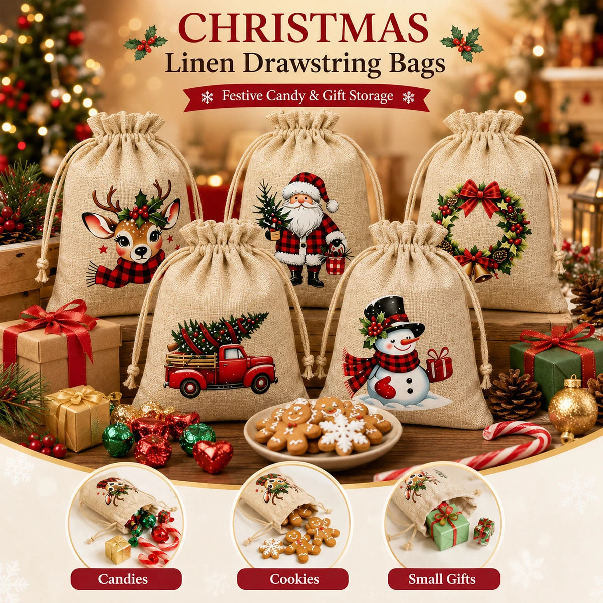 Linen-Look Christmas Drawstring Gift Pouches